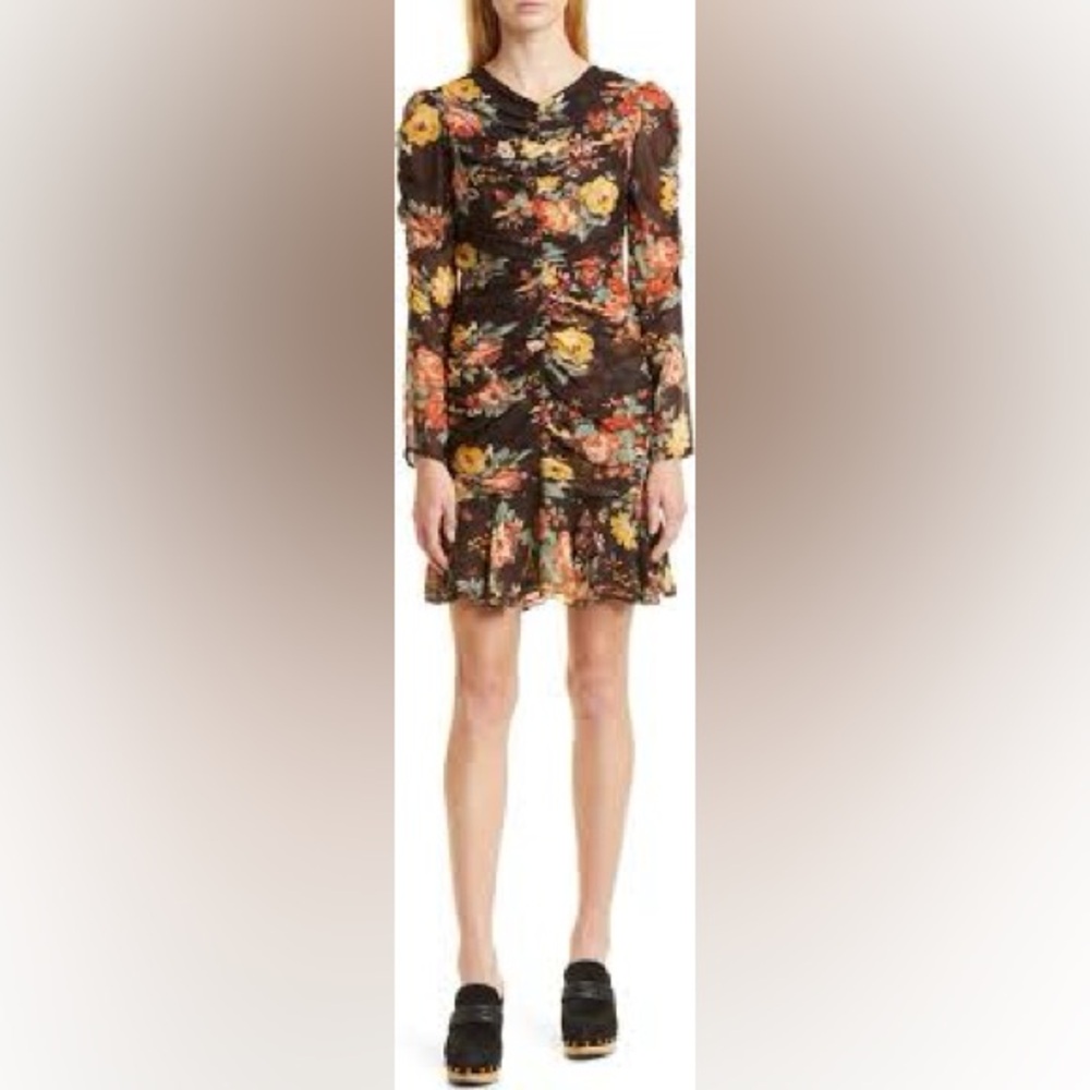 NWT Veronica Beard Hedera Silk Puffed Sleeve Mini Dress In Oxblood Floral $658